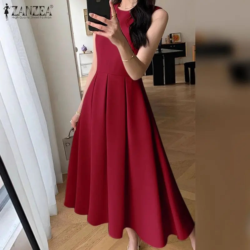 Korean Style Sleeveless Pleated Aline Maxi Sundress