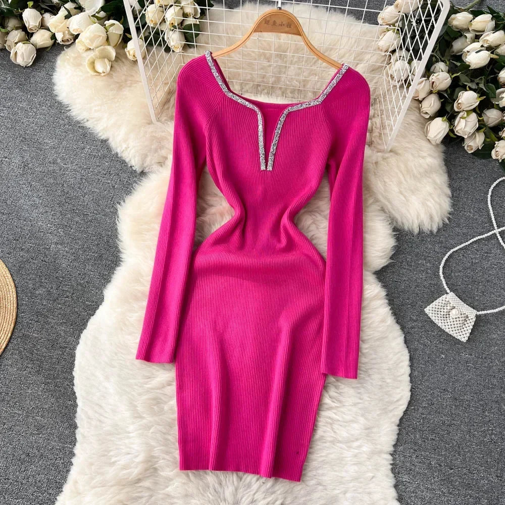 Knit Bodycon Dress For Women Long Sleeve Winter Sweater