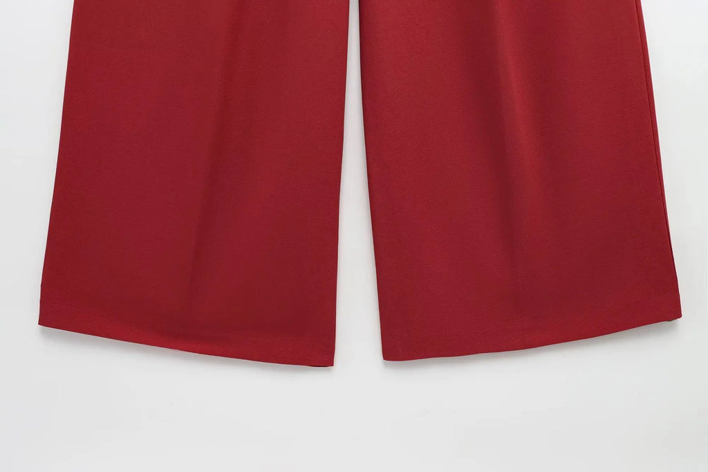 Elegant Red Women Pant Suit with Front Button Strapless Tank Top and Wide Leg Trousers Chic Fashion Streetwear Set