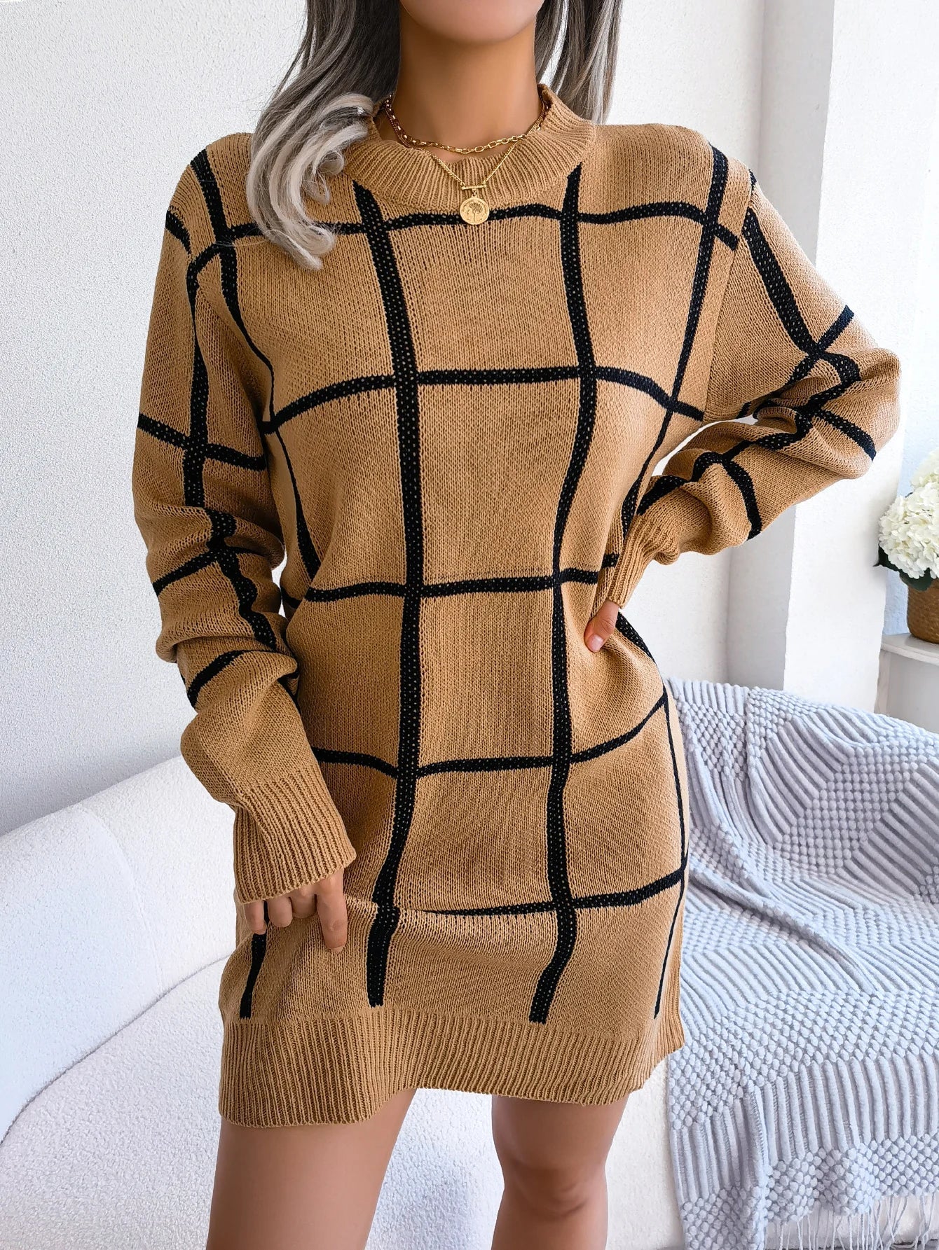 Women Plaid Knitted Sweater Dress Long Sleeve Casual Wear