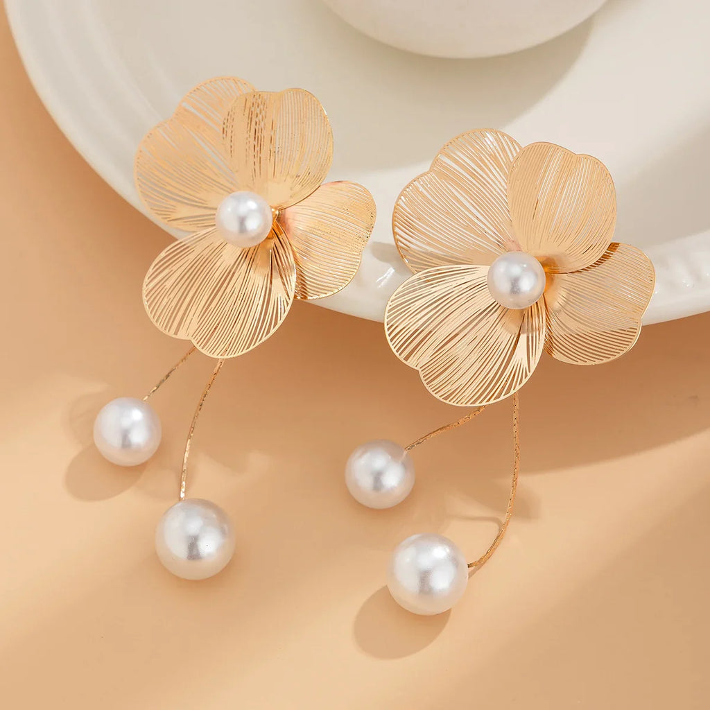 Women's Flower Petal Long Tassel Drop Earrings with Imitation Pearl for Weddings and Special Occasions