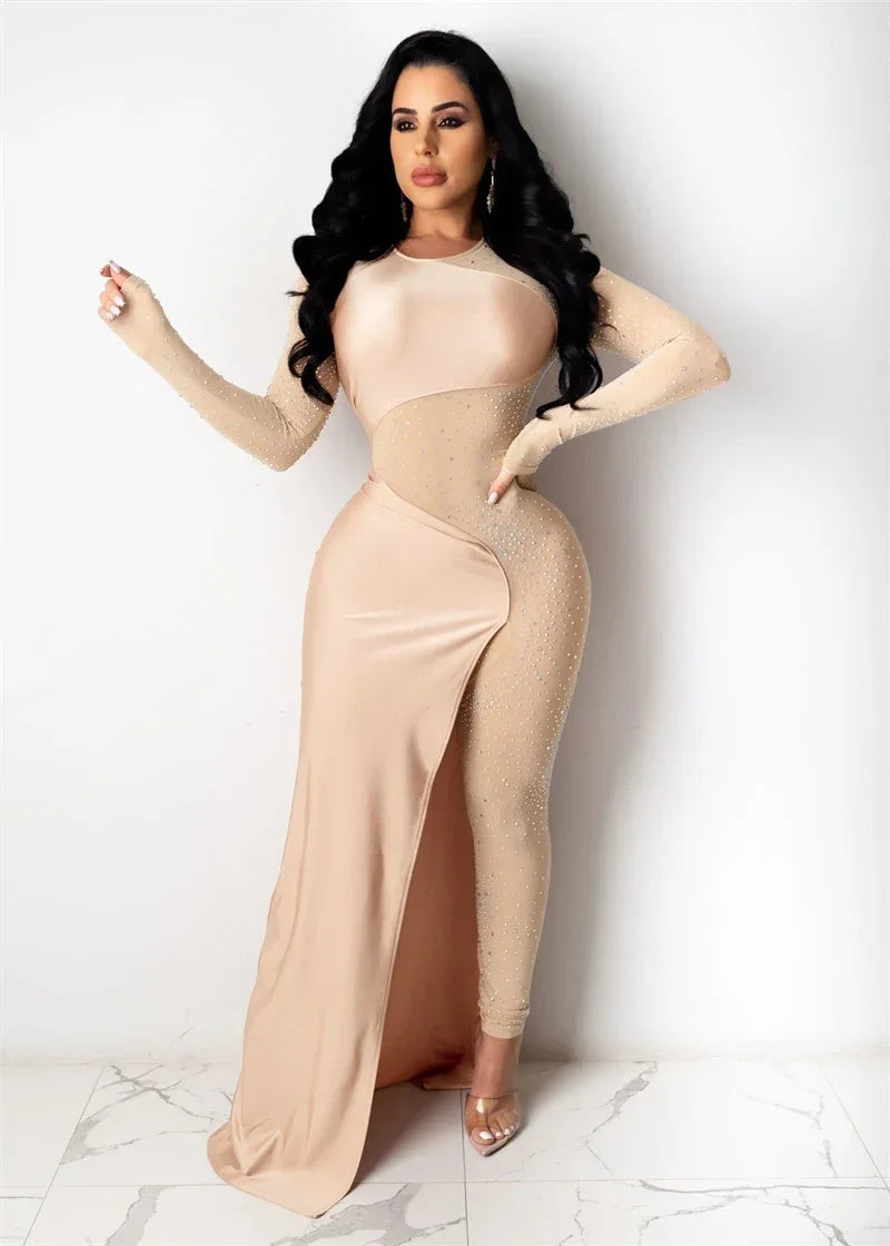 Elegant Rhinestone Long Sleeve Sheer Mesh Patchwork Skinny Jumpsuit Women's Luxury Night Party Club Romper Overalls Birthday Outfit