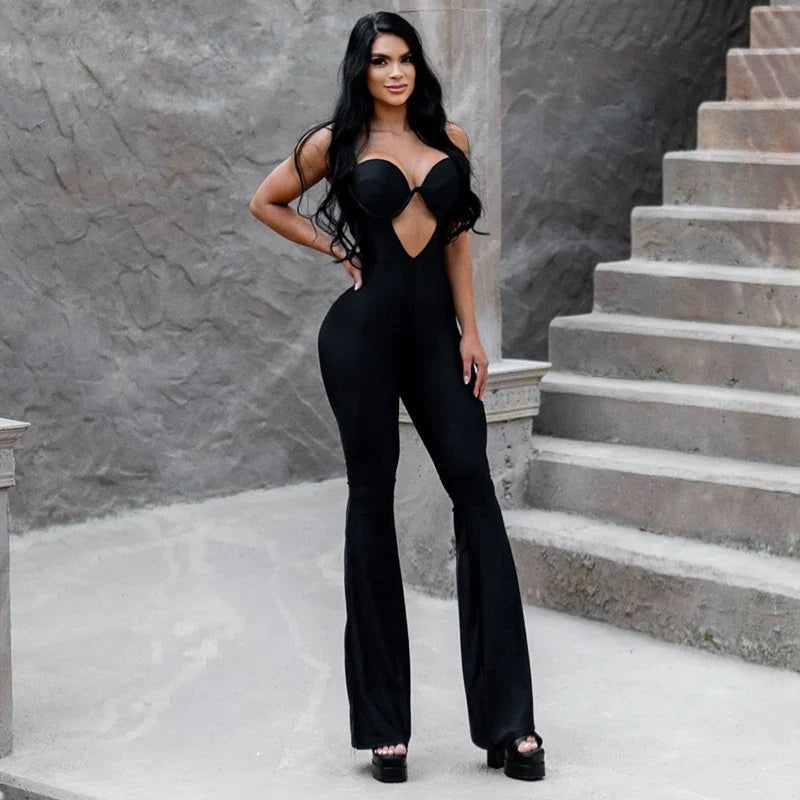V-Neck Strapless Hollow Out One-Piece Jumpsuit Tight Fit Sporty Fitness Bodysuit for Buttock and Abdomen Lifting