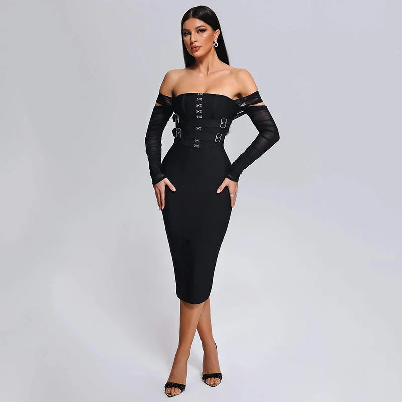 Off Shoulder Bandage Dress Women Lace Mesh Belt Midi Party