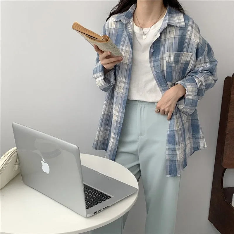 Casual Long Sleeve Plaid Blouse Mid Length Loose Fit Turn Down Collar Shirt for Women Autumn Winter Fashion Top
