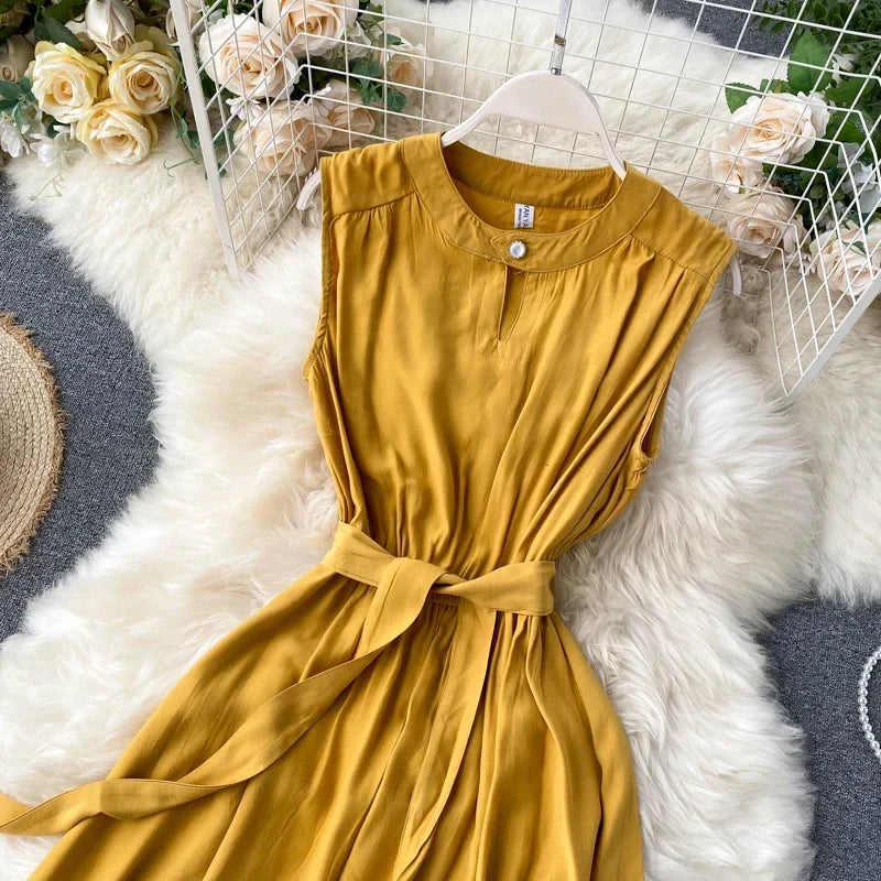 Sleeveless Summer Dress Solid Colors Green Blue Yellow Casual