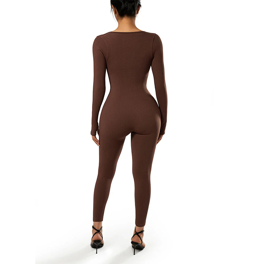 Bodycon Slim Fit Zipper Jumpsuit for Women Casual Brown Fitness Romper Streetwear Playsuit Overall