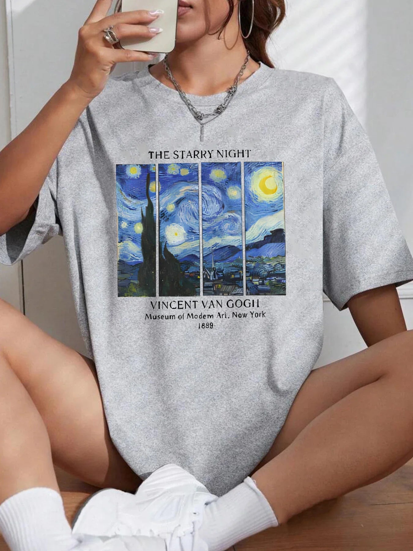 Van Gogh Starry Night Inspired Women's Casual T-Shirt - Short Sleeve Summer Crew Neck Top