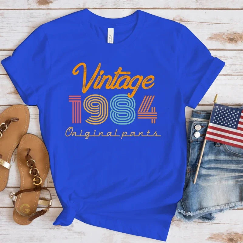 New Vintage 1984 Print T Shirt for Women Casual Round Neck Summer Top with Short Sleeves