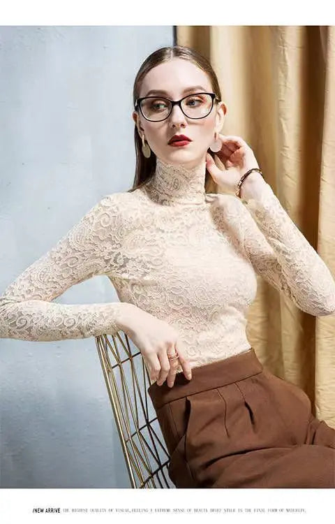 Thick and Thin Fleece Women's Long Sleeve High Neck Lace T-Shirt for Office and Casual Wear