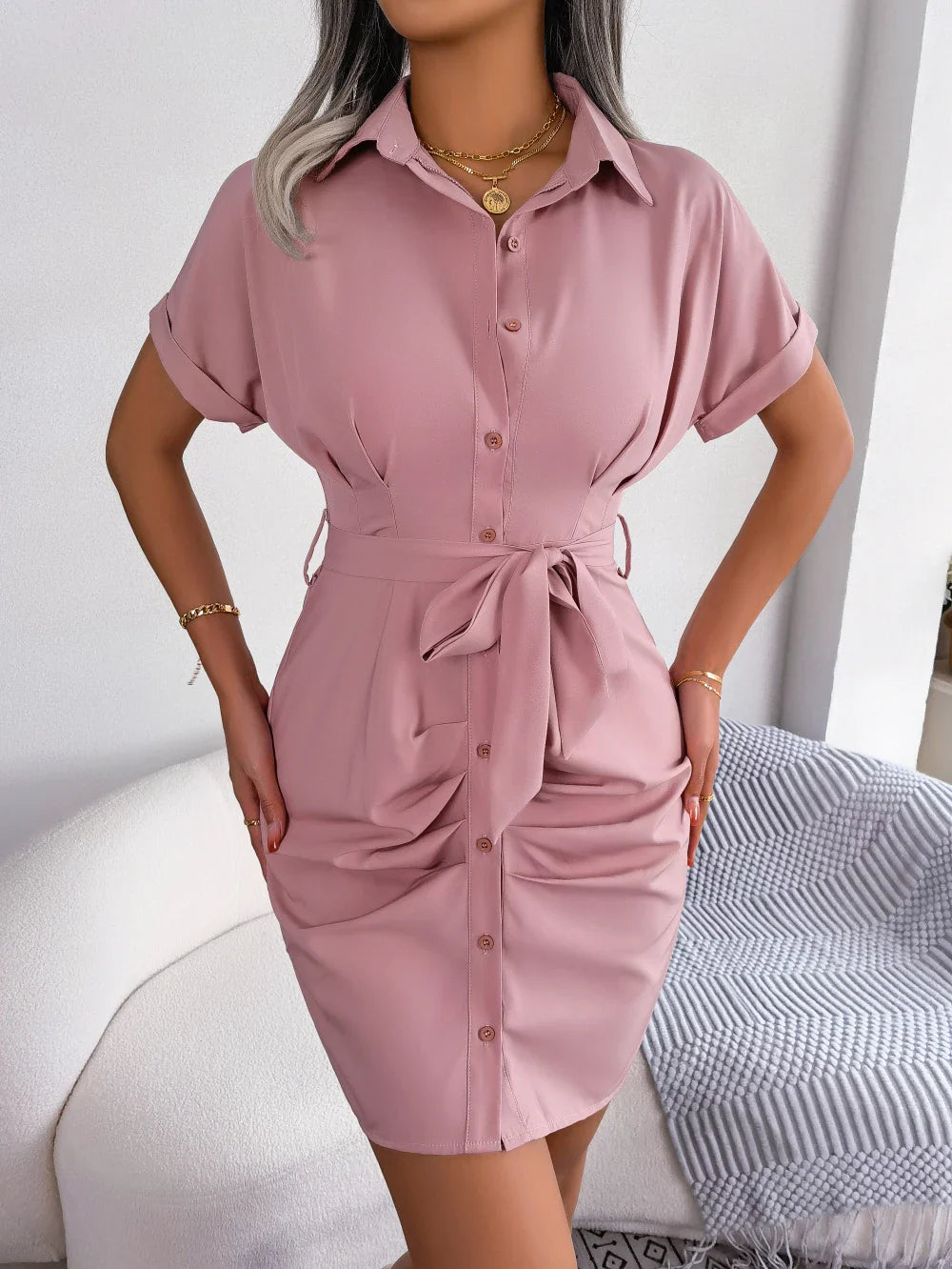 Women Summer Short Sleeve Pleated Button Front Pencil Dress
