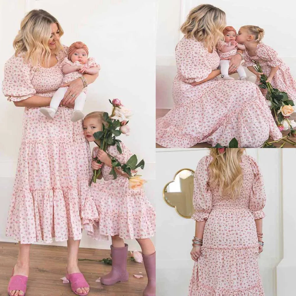 Floral Print Maxi Dress For Women Blue Half Sleeve Summer