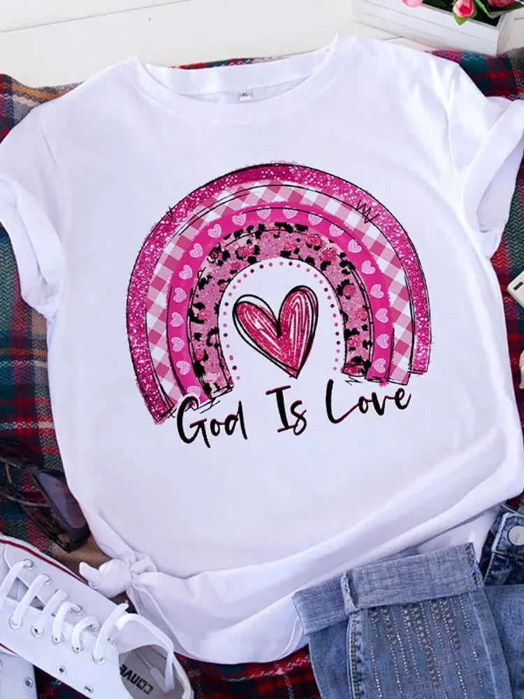 Graphic Printed T Shirt for Women with Leopard Love Design and Heart Print Short Sleeve Tee