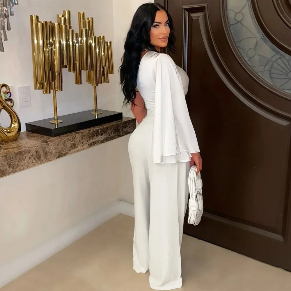 Women's Ruched One Shoulder Sleeve Crop Top and Wide Leg Pants Two Piece Set Outfit