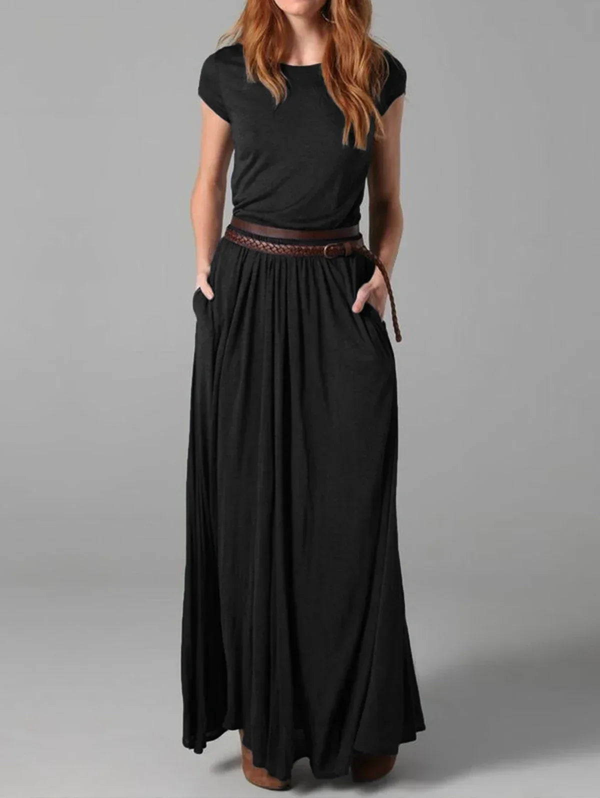 Black Maxi Dress With Pockets Round Neck Short Sleeve