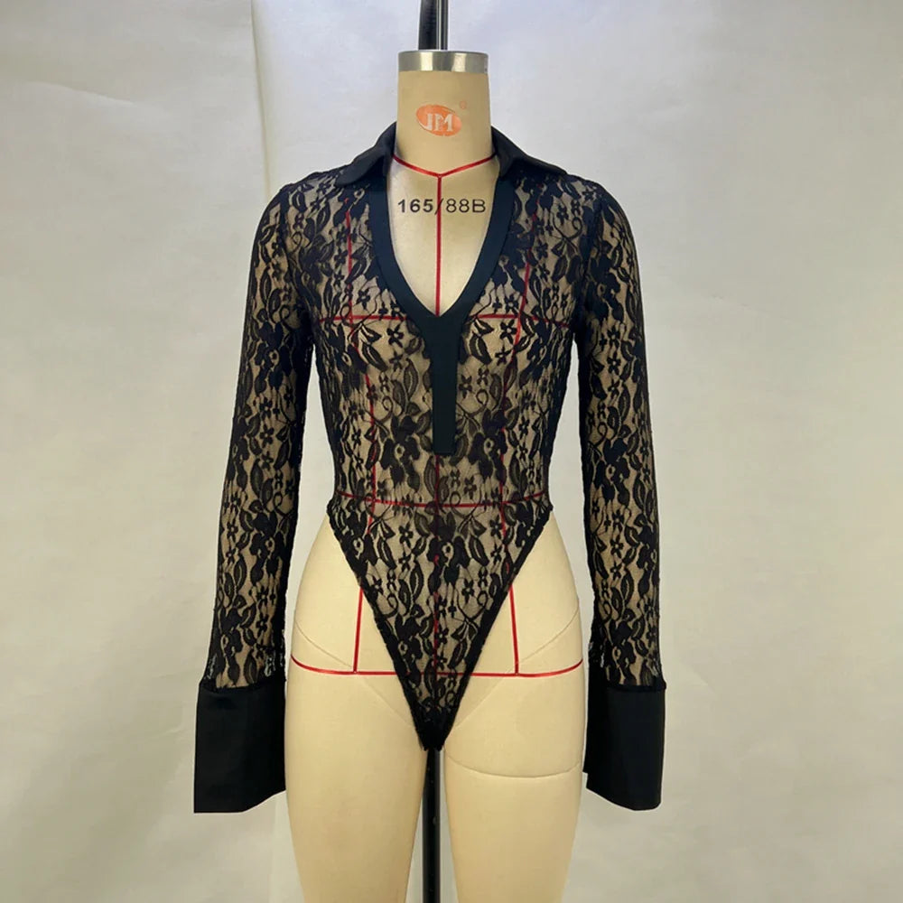 Sexy Lace Patchwork Deep V Long Sleeved Top and Slim Fit High Waisted Flared Pants Women's Set