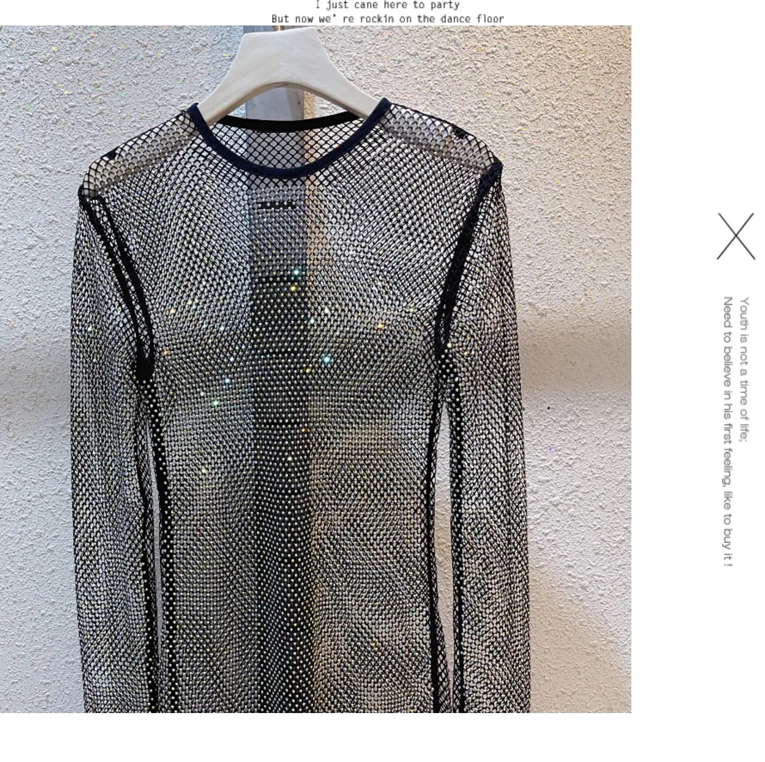 See Through Rhinestone Dress Round Neck Long Sleeve