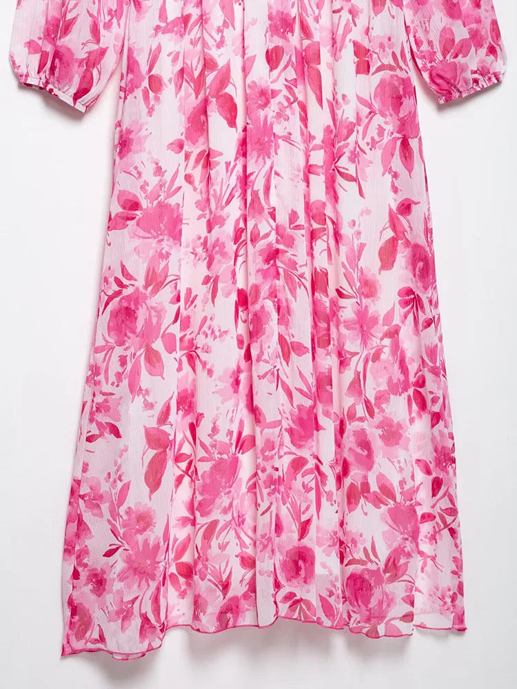 Printed Midi Dress With Belt for Women V Neck Chic