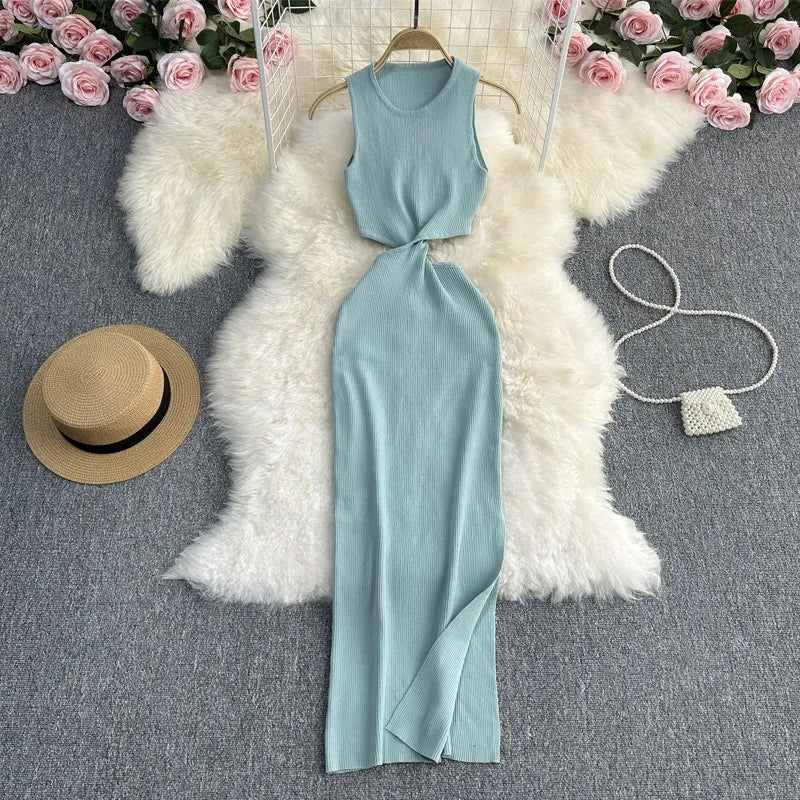 Knot Hollow Out Waist Knitted Bodycon Maxi Dress For Women