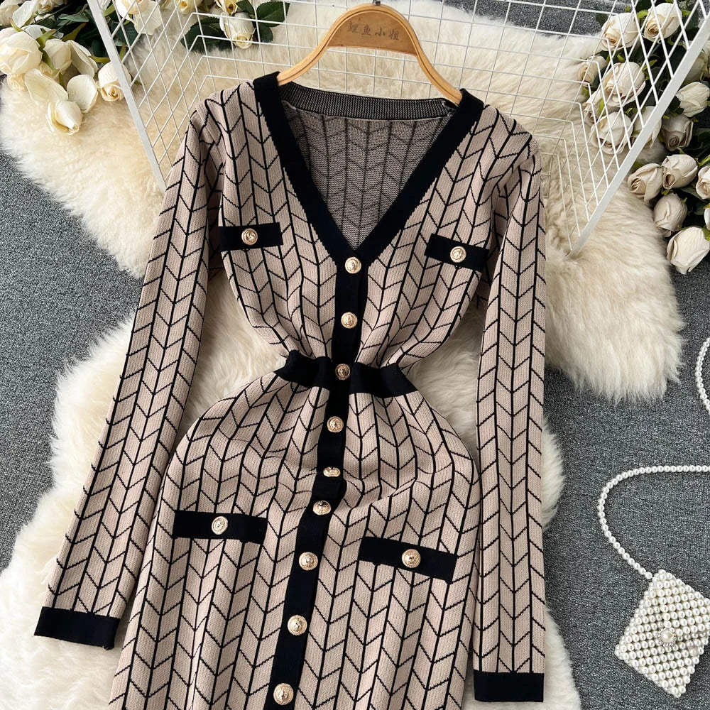 Autumn Plaid Knit Dress Women V Neck Elastic Waist Midi