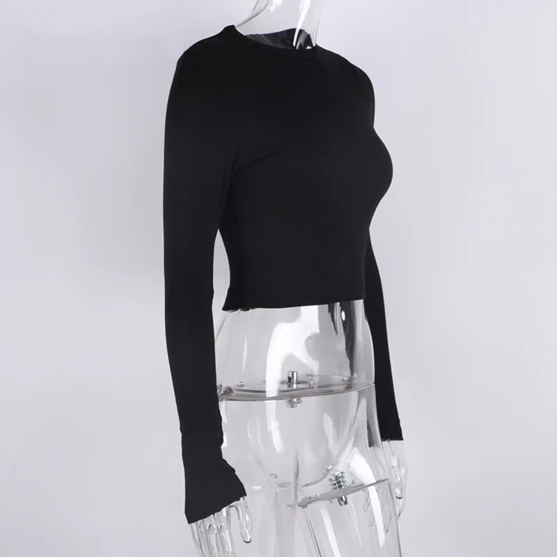 O Neck Long Sleeve Ribbed Crop Top for Women Casual Slim Fit T Shirts in Black and White