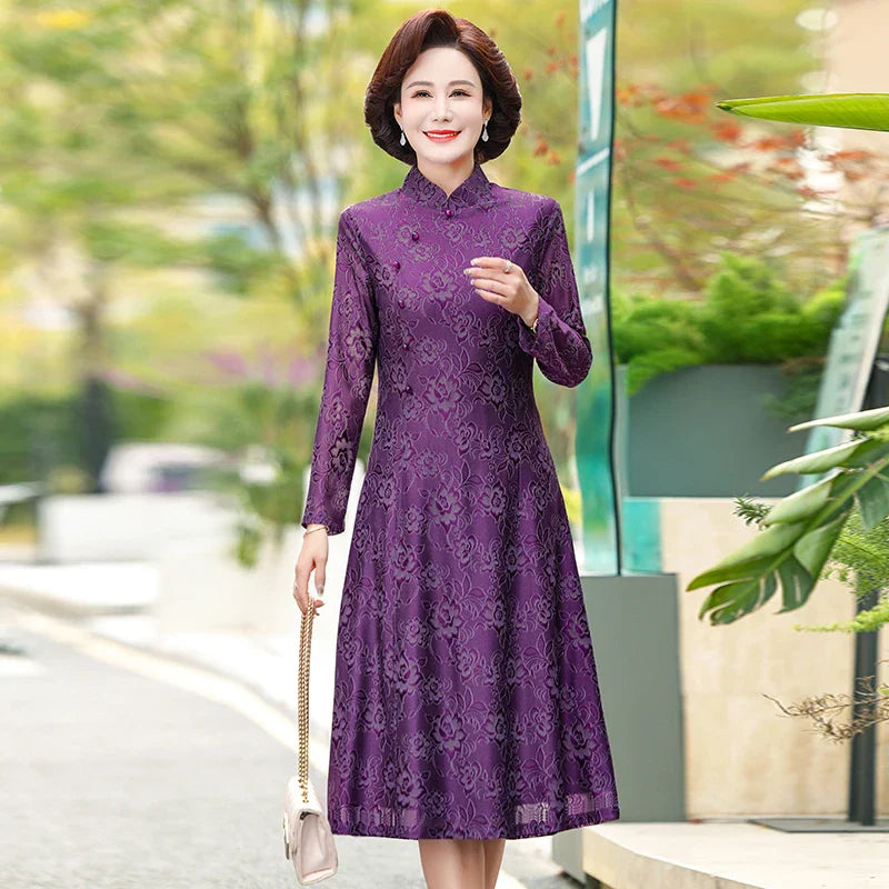 Elegant Lace Dress For Women With Qipao Collar A Line Long