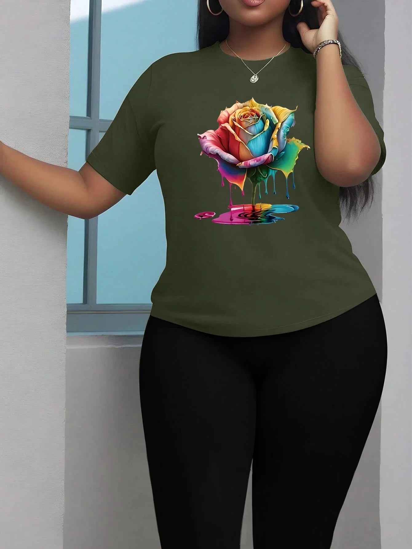 Colorful Floral Print Women Two Piece Set with Short Sleeve T-Shirt and Comfortable Elastic Capri Leggings