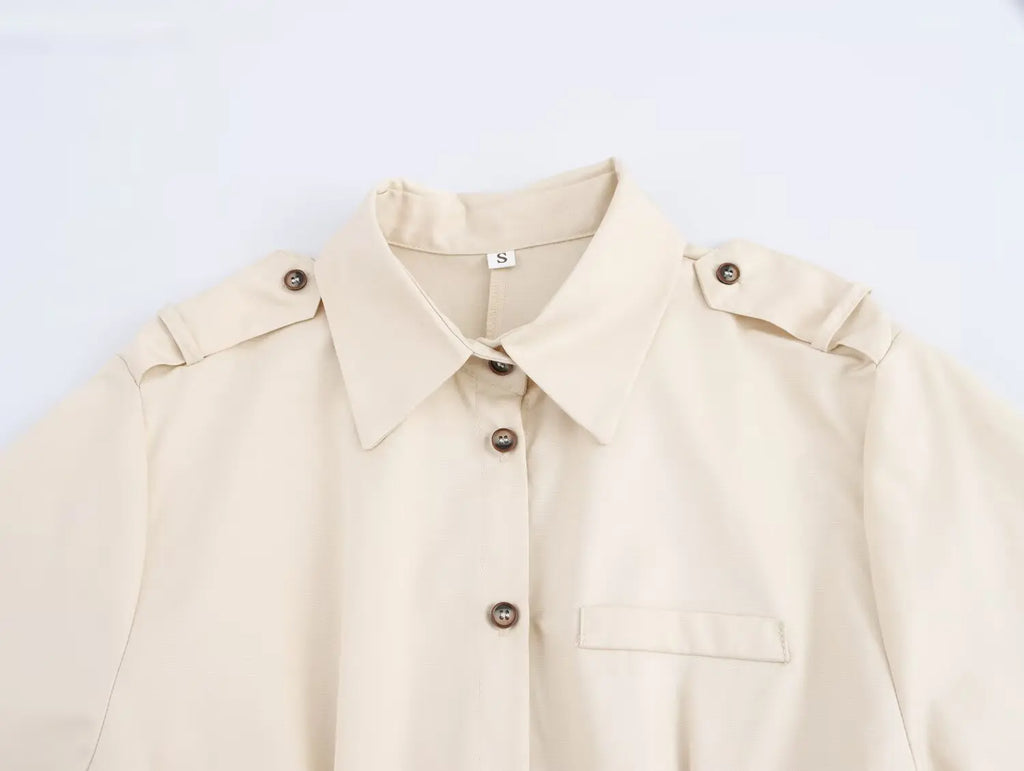 Versatile Women's Slim Fit Short Sleeve Lapel Shirt with Decorative Belt Strap and Curling Detail