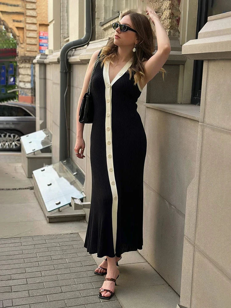 Sleeveless Ribbed Knit Dress V Neck Bodycon Long Dress