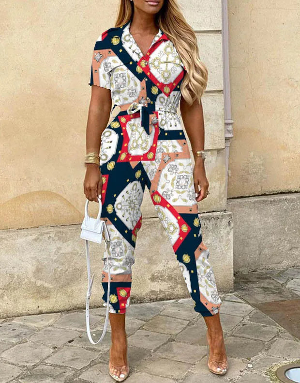 Summer Casual Women's Jumpsuit with Lapel Collar Printed Waistband and Stylish Buckle Detail