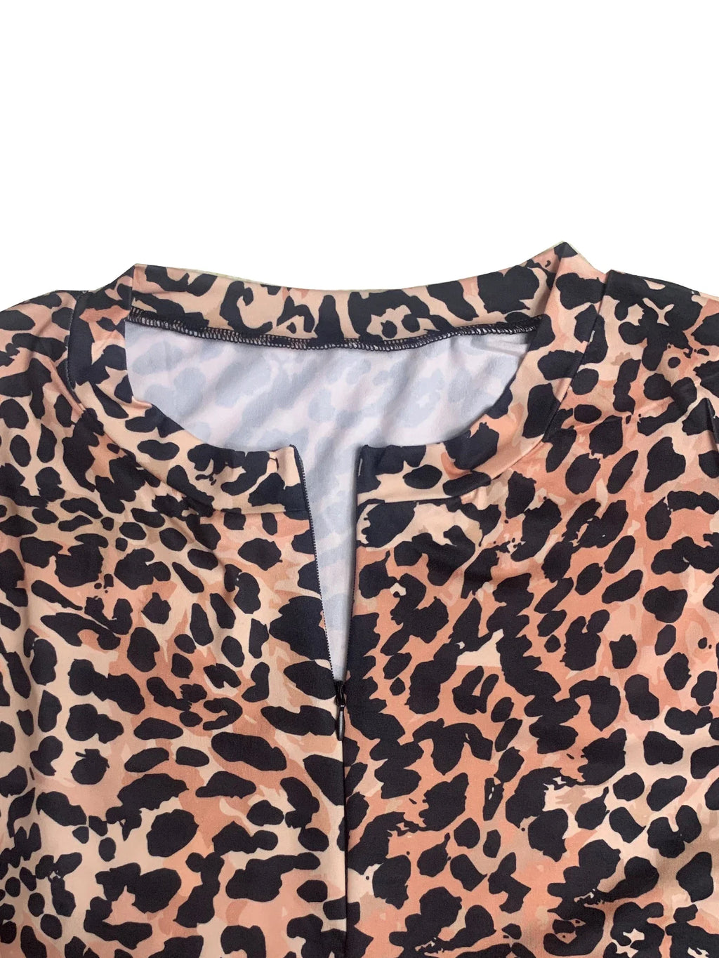 Sexy Leopard Print Long Sleeve V Neck Jumpsuit Shorts with Front Zipper Closure