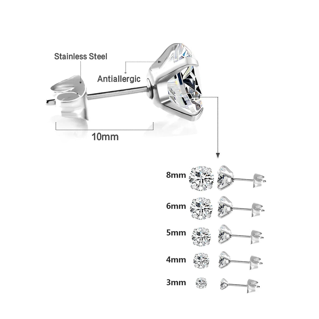 Stainless Steel Crystal Stud Earrings for Men and Women with 4 Prong Round Clear Cubic Zirconia