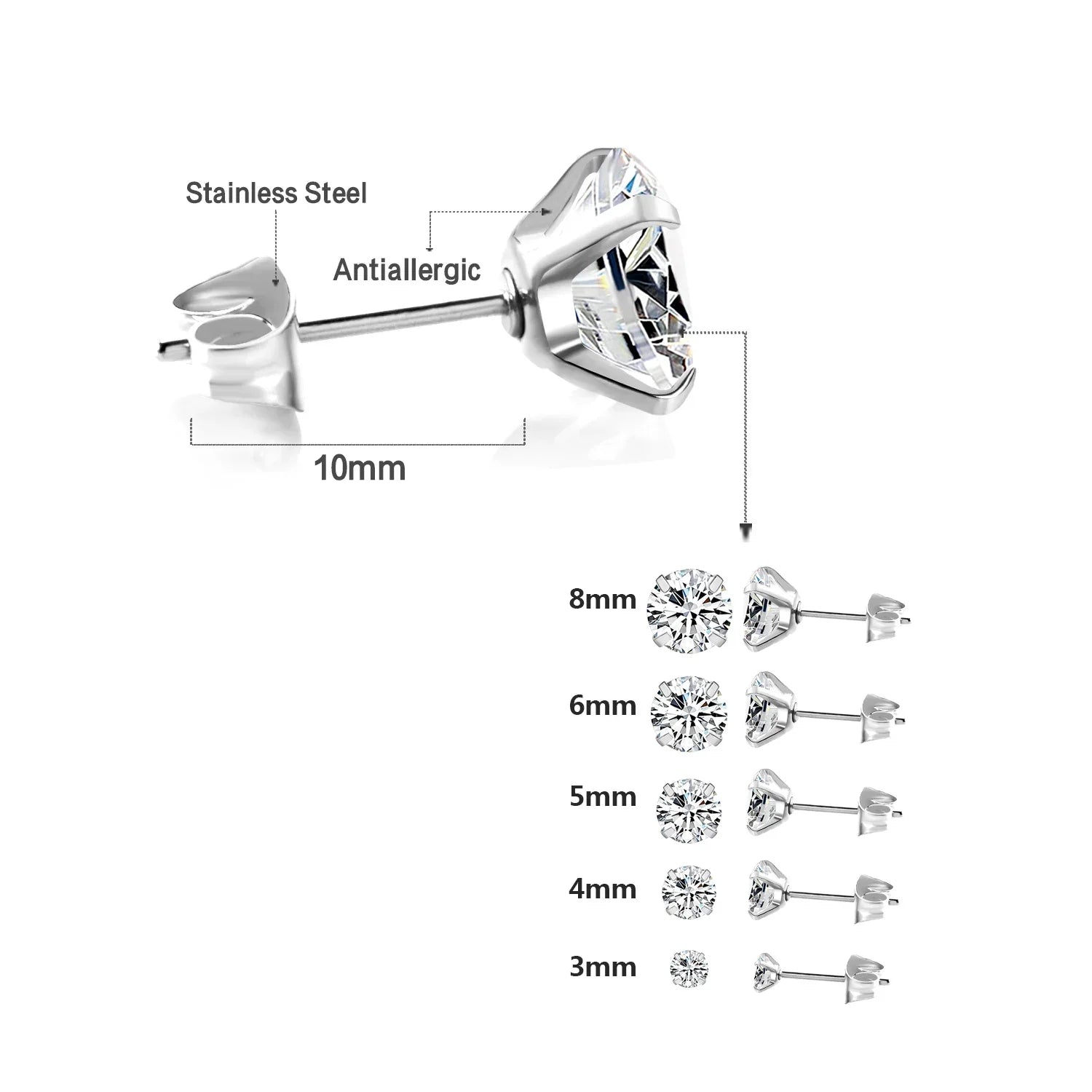 Stainless Steel Crystal Stud Earrings for Men and Women with 4 Prong Round Clear Cubic Zirconia