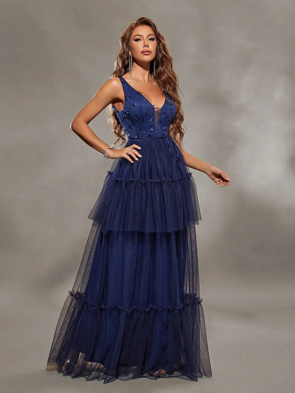 V Neck Embroidered Mesh Evening Gown With Layered Skirt