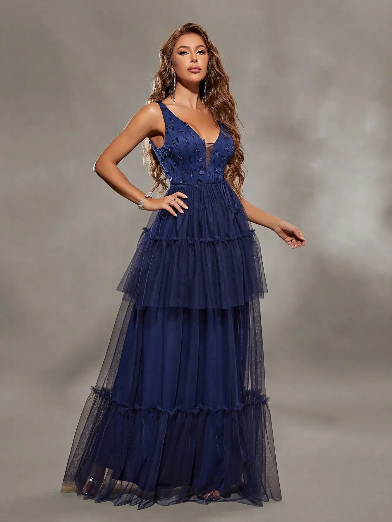 V Neck Embroidered Mesh Evening Gown With Layered Skirt