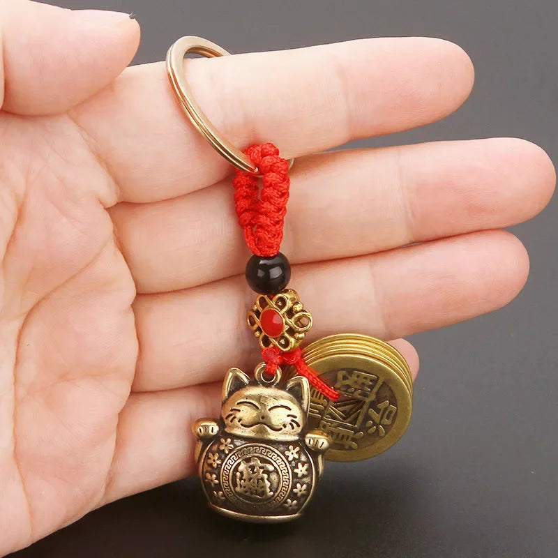 Vintage Handmade Lucky Cat Keychain with Feng Shui Coins and Beaded Design
