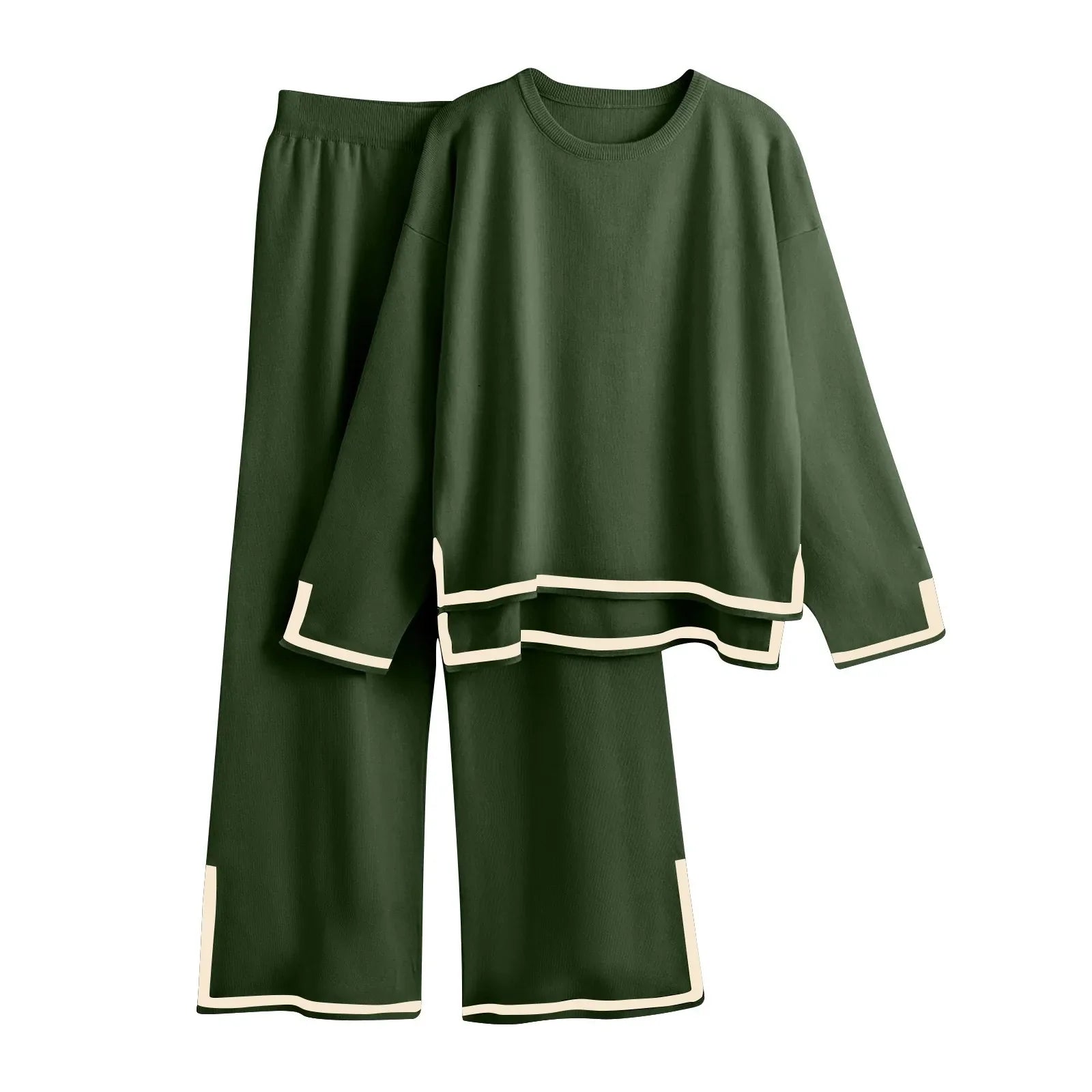 Knitted Women's Casual Two Piece Set with Long Sleeve Sweater and Wide Leg Pants for Comfortable Homewear