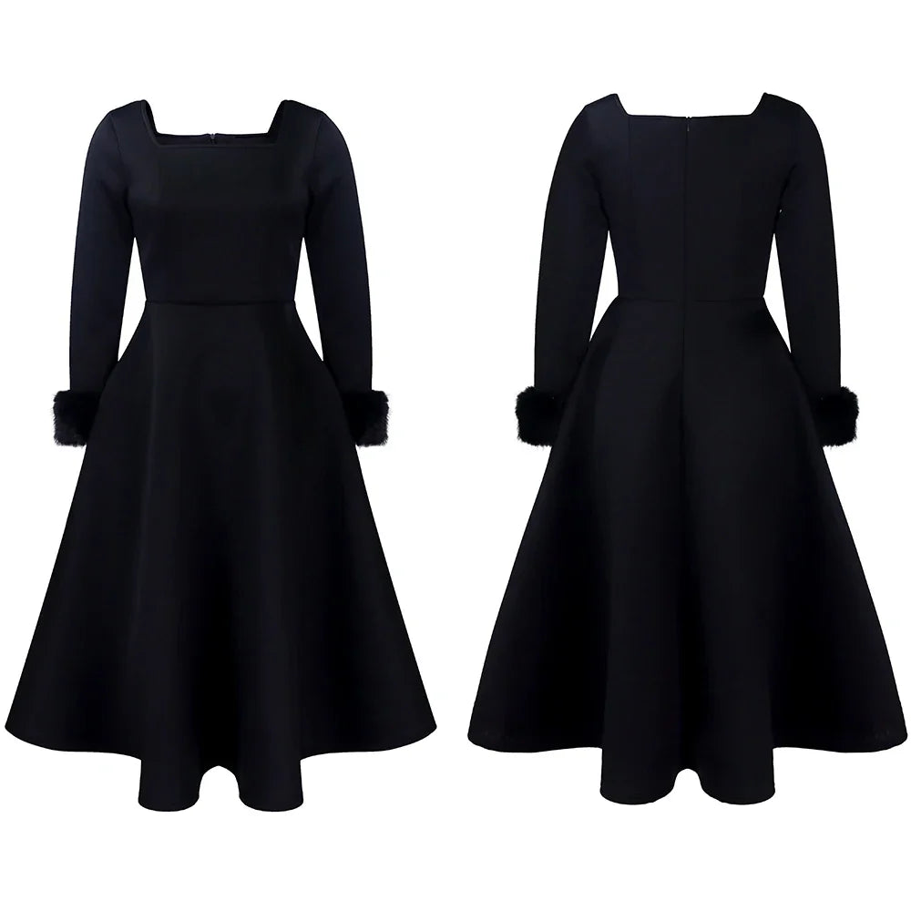 Square Neck Party Dress Women Pleated A Line Mid Calf