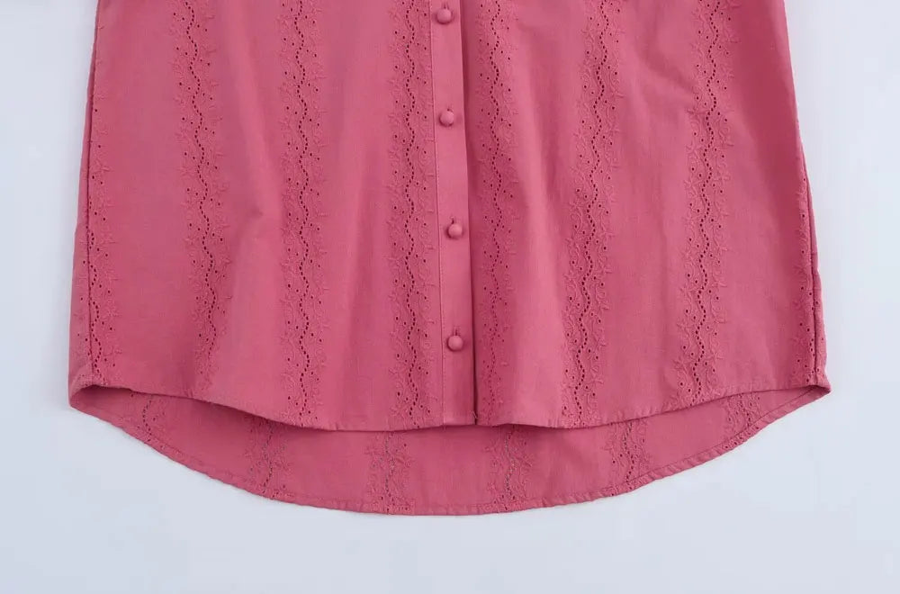 Womens Long Sleeve Cutwork Embroidery Shirt Chic Blouse with Front Covered Buttons Elegant Fashion Top