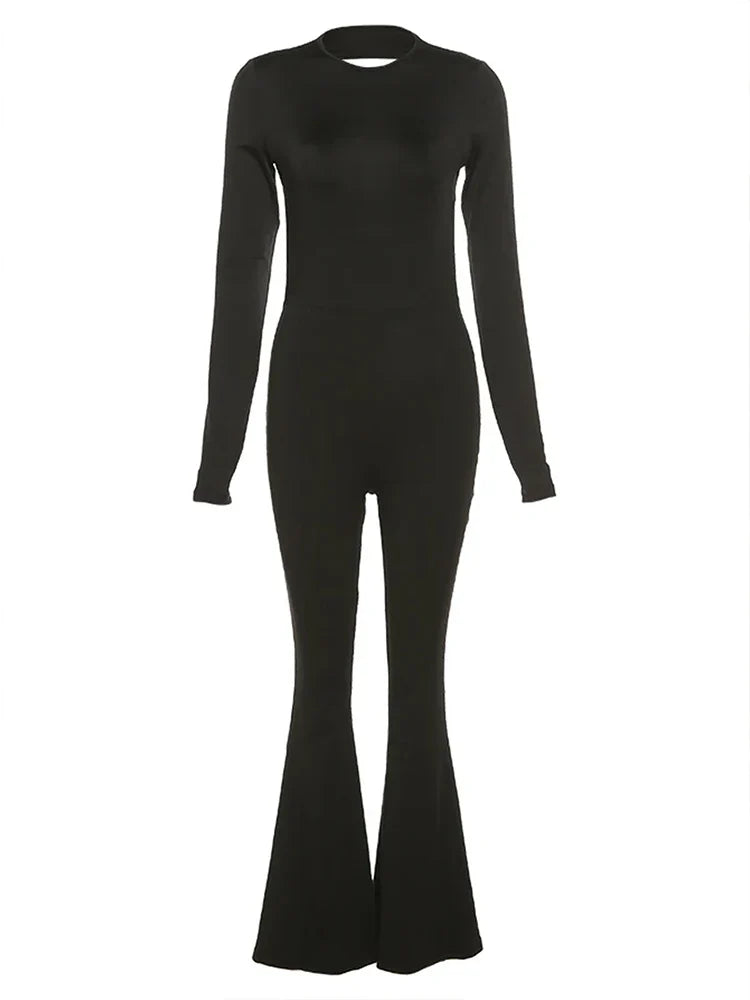 Sexy Black Backless Long Sleeve Bodycon Jumpsuit for Women Slim Fit Flare Pants Casual Streetwear Rompers Autumn Fashion