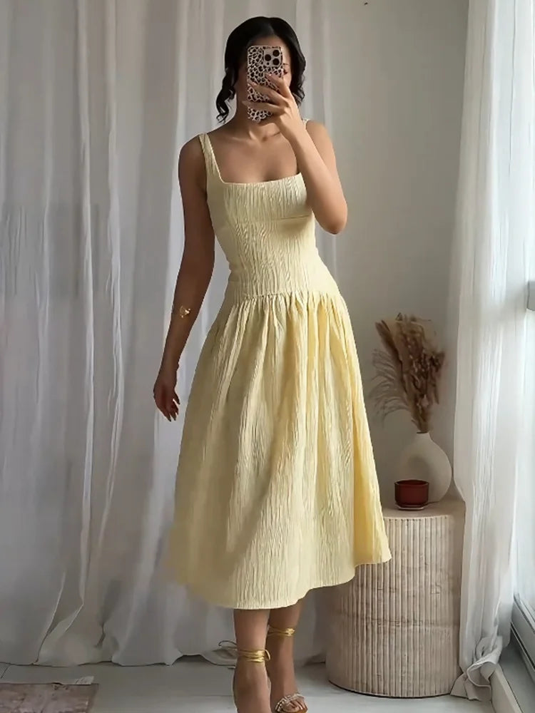 Textured Midi Dress For Women Square Neck Elegant Charm