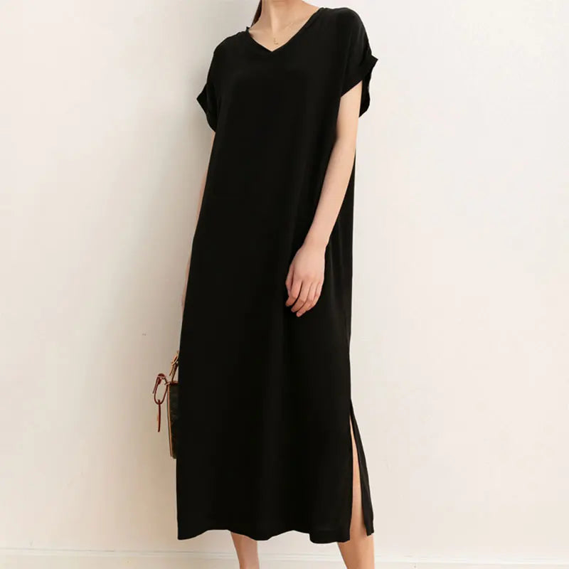 Mulberry Silk 19 Momme Midi Dress With V Neck And Slit