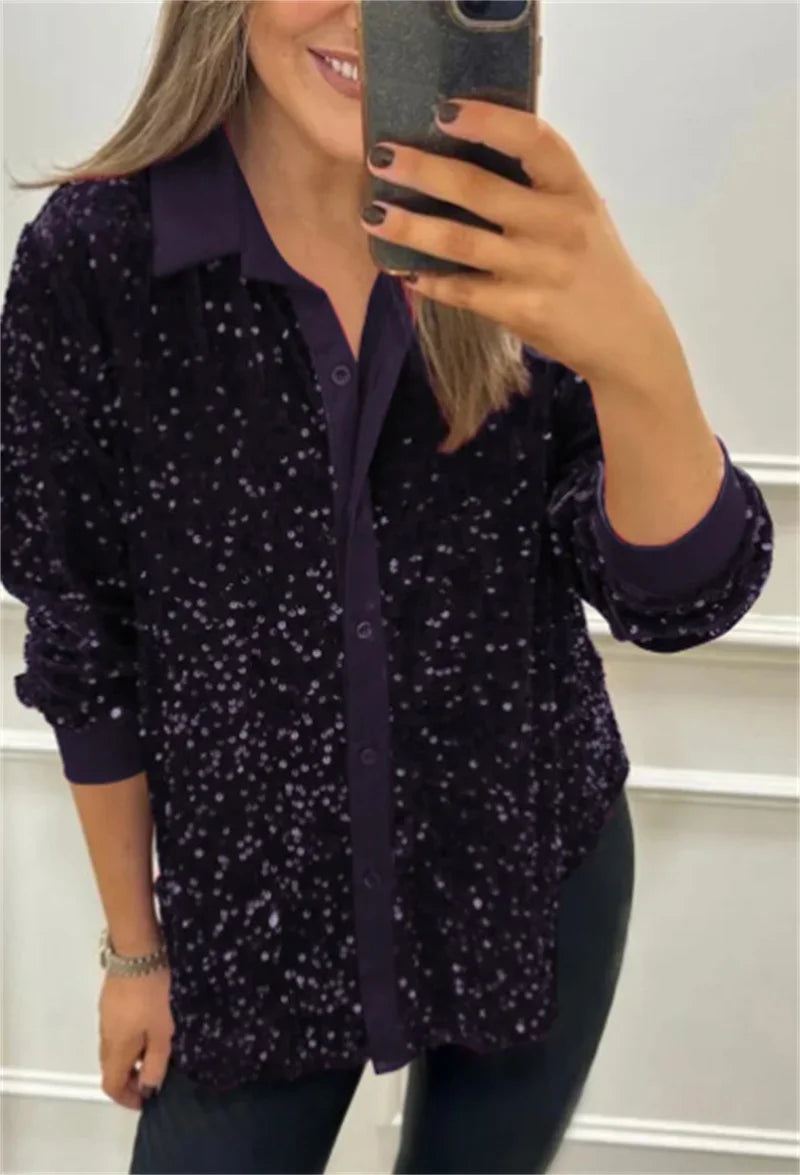 Sequin Lapel Women's Black Shirt Casual Glitter Loose Long Sleeve Single Breasted Retro Party Top Streetwear