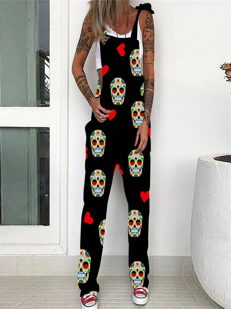 Women's Autumn Lace-Up Skull Print Overalls Jumpsuit with Pockets and Adjustable Straps