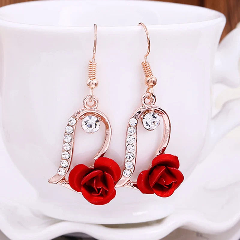 Vintage Red Rose Drop Earrings with Rhinestone Flowers for Weddings and Engagement Parties