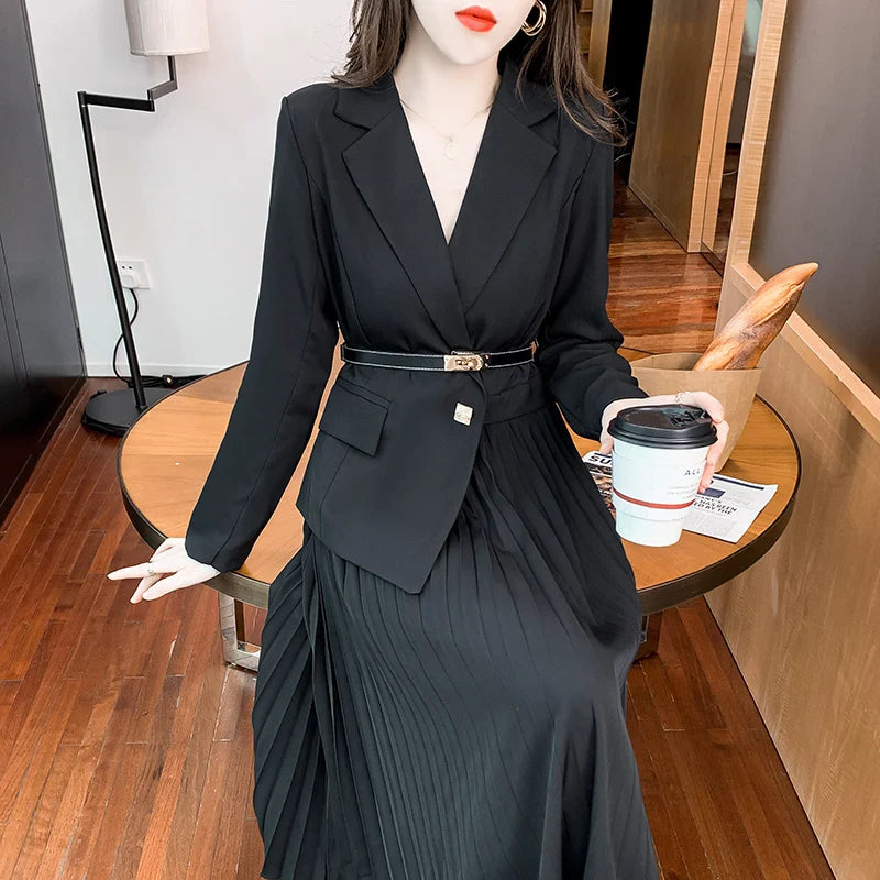 Faux Two Piece Dress With Blazer Collar Pleated Skirt