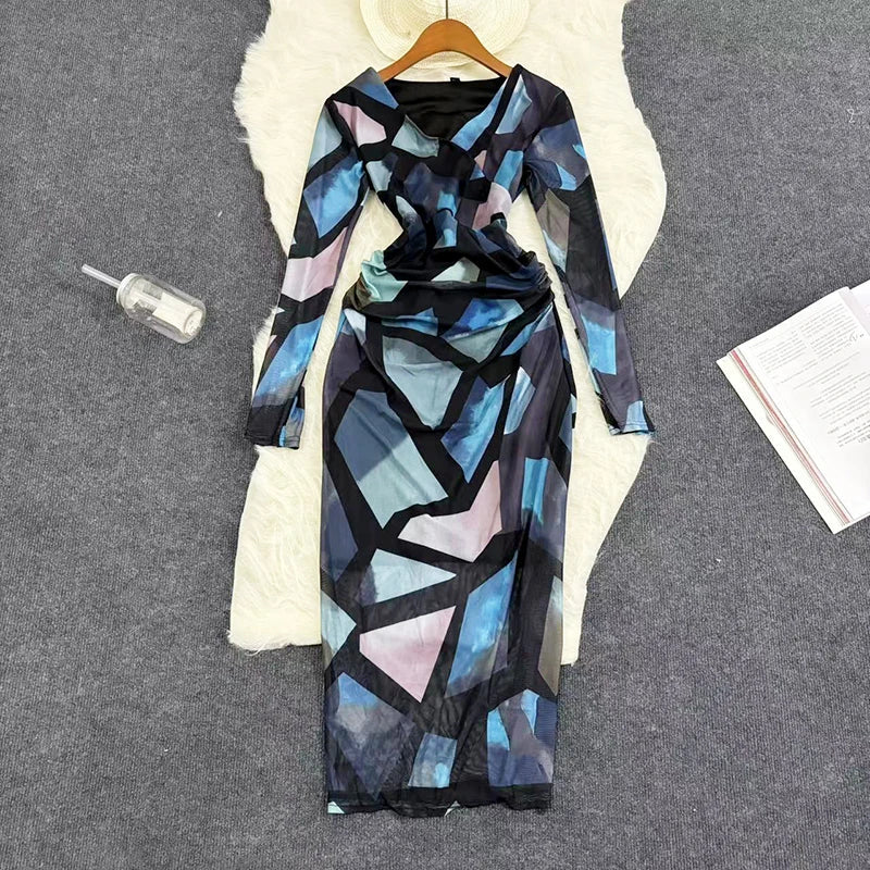 Mesh Print Maxi Dress With V Neck Full Sleeve Bodycon