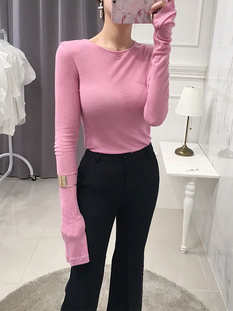 Korean Style Long Sleeve Slim Fit Women's T-Shirt Basic Elasticity Top