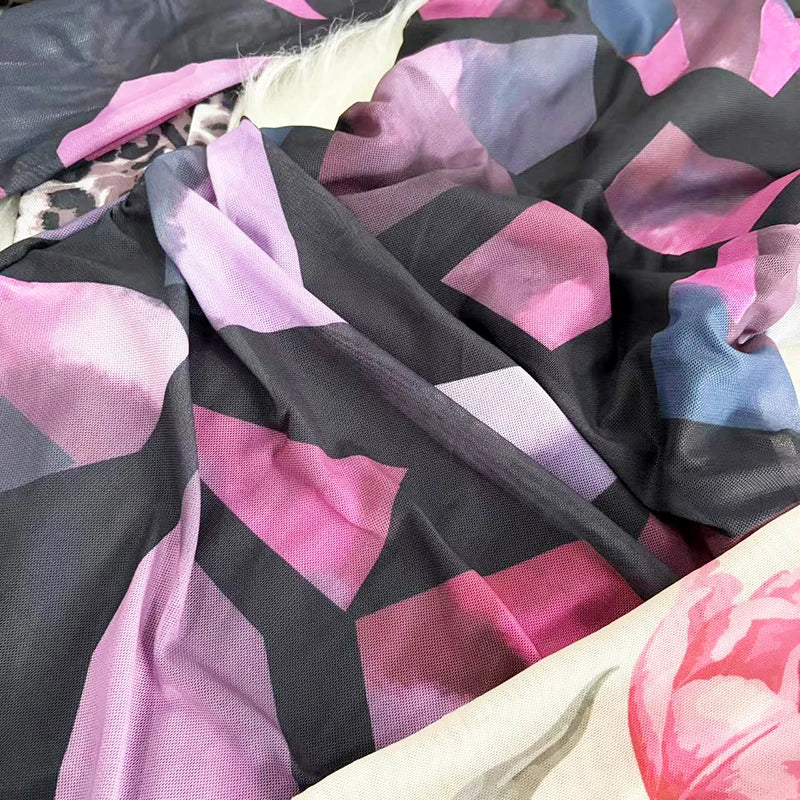 Mesh Print Maxi Dress With V Neck Full Sleeve Bodycon