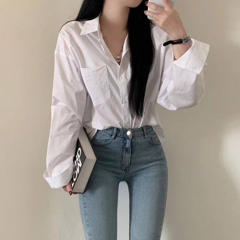 Long Sleeve Casual Office Blouse for Women with Lapel Collar and Pocket Loose Fit Comfortable Blue Shirt for Spring and Autumn